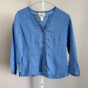 Talbots Petites Irish Linen Blue Button Down Top Petite Size 2 V‎ Neck Shirt